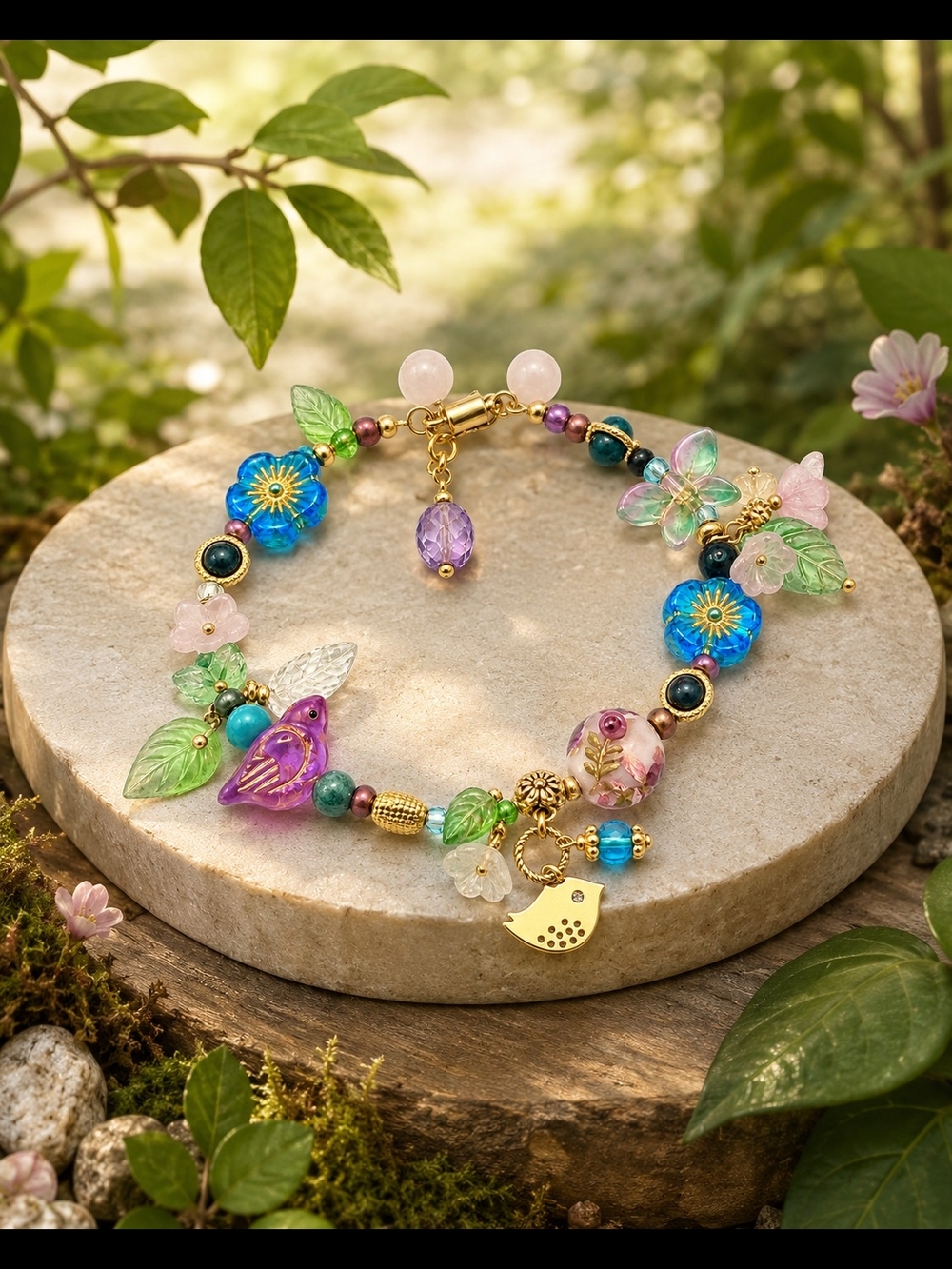 Nature Inspired Czech Glass Floral Charm Bracelet with Birds Butterlies & Leaves
